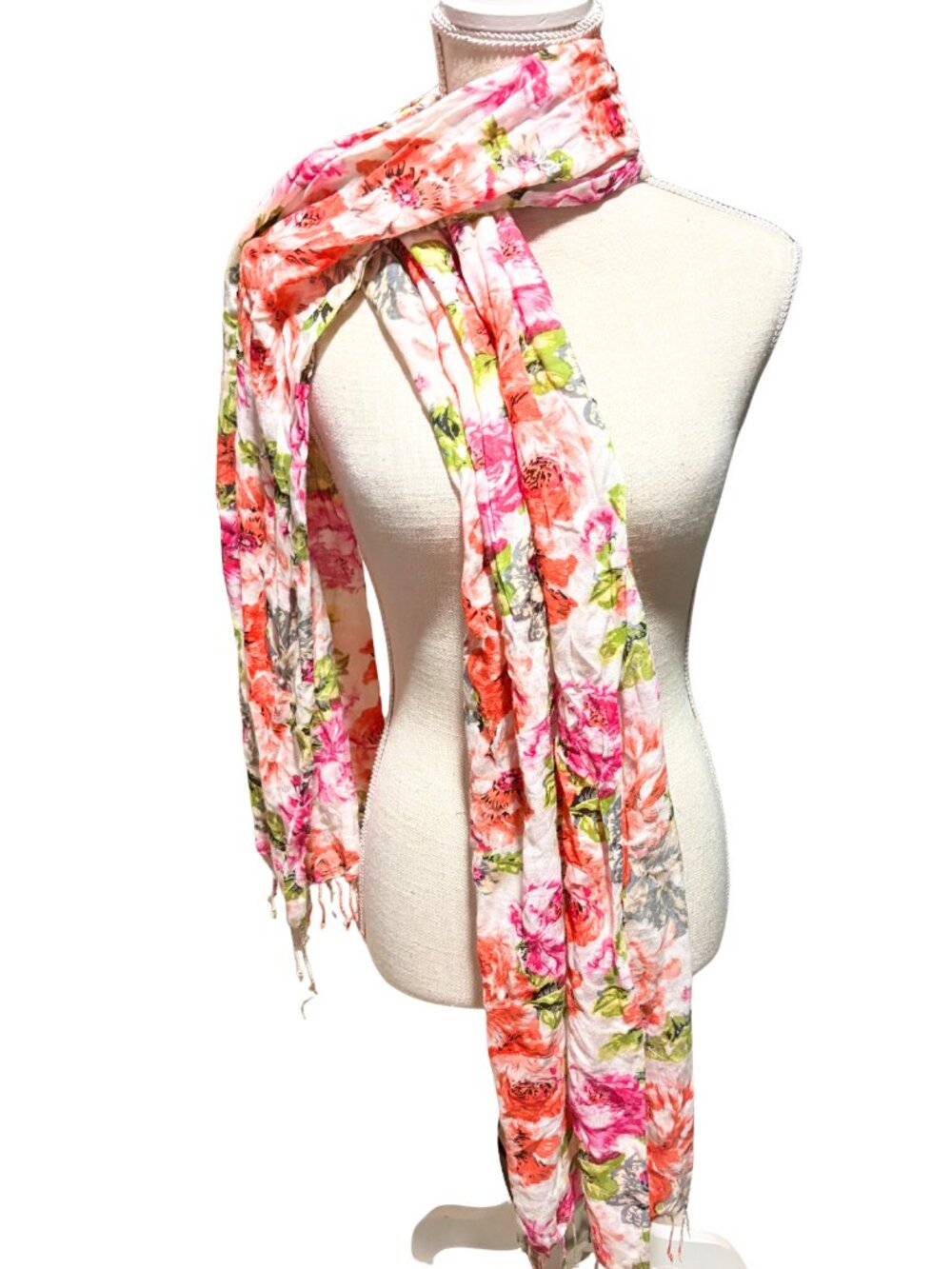 Floral Rayon Scarf Orange Pink Lightweight Fringe Boho Wrap